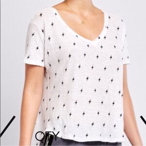 Like-New Monrow White Linen Lightning Bolt Tee, Size medium